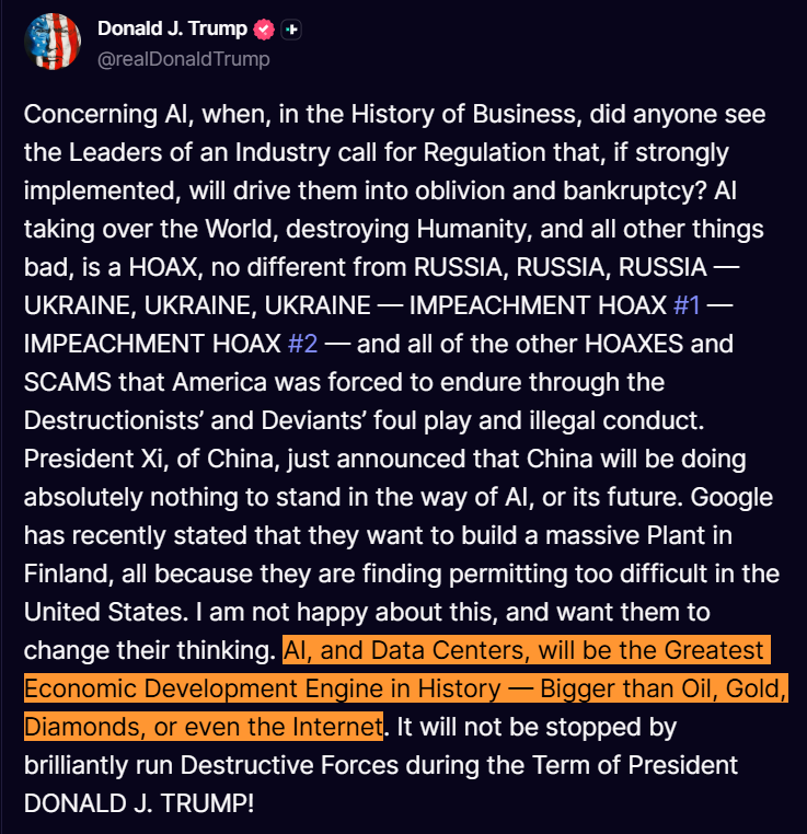 CryptooIndia's tweet photo. BREAKING: 🇺🇸 Trump says AI and data centers will be the greatest economic development engine in history, bigger than oil, gold, diamonds and the internet.

He adds that claims AI will take over the world, destroy humanity, and cause other harms are a “HOAX.” https://t.co/YEwN7how3P