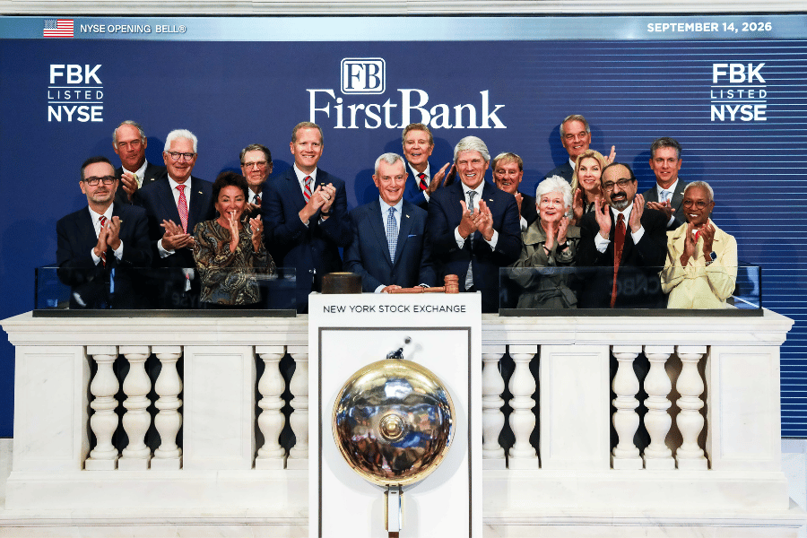 FBFinancialCorp's tweet photo. We were honored to ring the Opening Bell at the @NYSE this morning as we celebrated 10 years as a listed company and 120 years of FirstBank. Thank you to our associates, customers, shareholders, and communities for being part of the journey. 
#FBK #FirstBank #anniversary https://t.co/xYPmBKJTrM