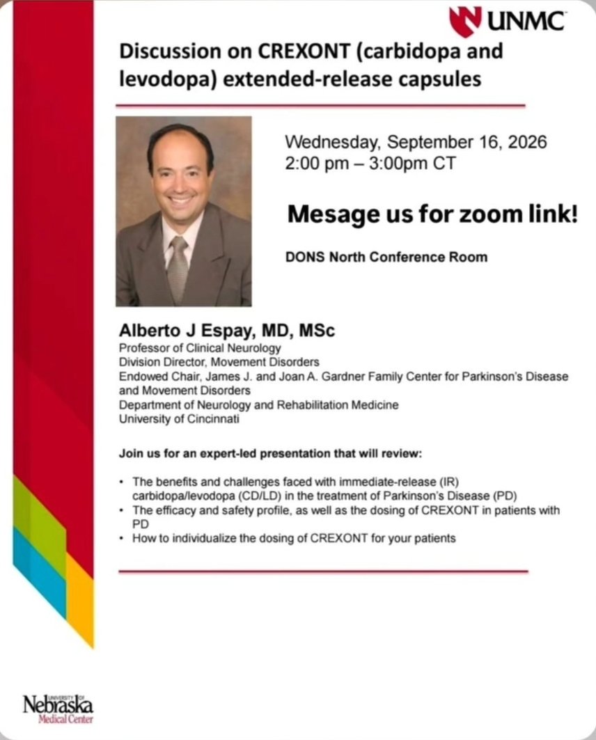 UNMCMovementDis's tweet photo. Glad to have @AlbertoEspay from @UCMovDis talk to us about clinical use of extended-release levodopa. We are hoping this invitation is the first of many as he is a treasure trove of knowledge and fascinating discussions in our field!

#neurotwitter #movementdisorders https://t.co/bP9a7tOhuI
