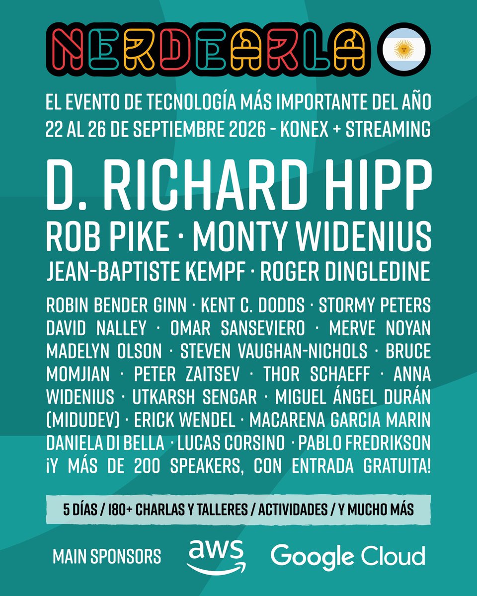 nerdearla's tweet photo. 🚀 ¡Line-up final de #Nerdearla 2026 🇦🇷!

Con D. Richard Hipp, Rob Pike, Monty Widenius, Jean-Baptiste Kempf, Roger Dingledine y más de 200 speakers confirmados.

Charlas y talleres sobre desarrollo, ciencia de datos, infraestructura, management, producto, seguridad, soft skills, usabilidad ¡y más!

100% GRATIS ➡️ https://t.co/CPAEYYOO5P