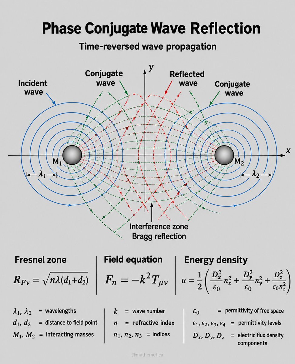 mathemetica's tweet photo. The map ψ ↦ ψ* on a monochromatic wave is time reversal in disguise.

A field written Re[ψ(r) exp(-iωt)] becomes, after conjugation of the complex amplitude, exactly the field that would have arisen had t itself been sent to -t. Every distortion collected on the outward path is therefore cancelled on the return; the wave retraces its own history.

Zel’dovich first saw the effect in 1972, when stimulated Brillouin scattering returned an aberrated laser beam as its own undistorted predecessor.

An ordinary mirror merely reflects; a phase-conjugate mirror restores.