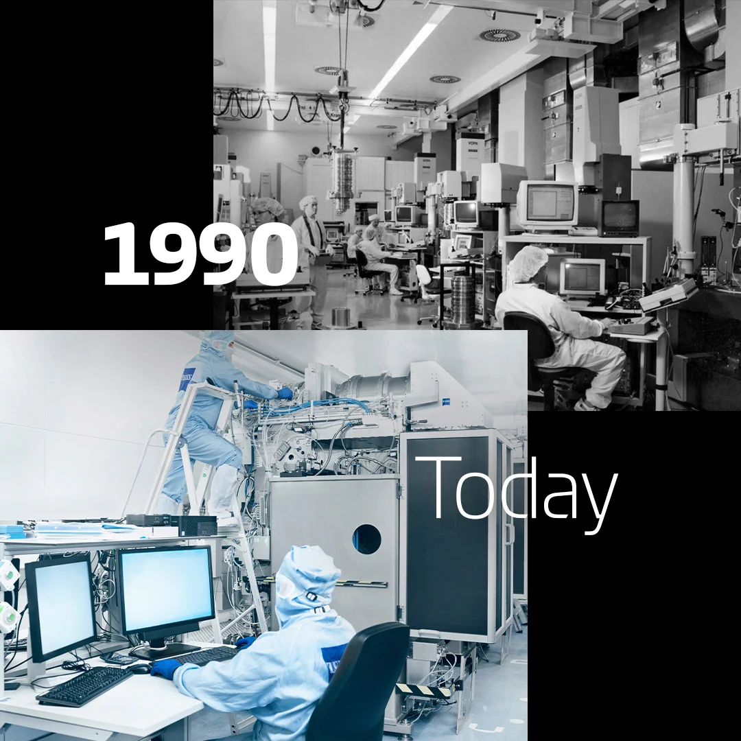 Split image comparing a chip lab in 1990 and today, with cleanroom staff, computers, and advanced equipment