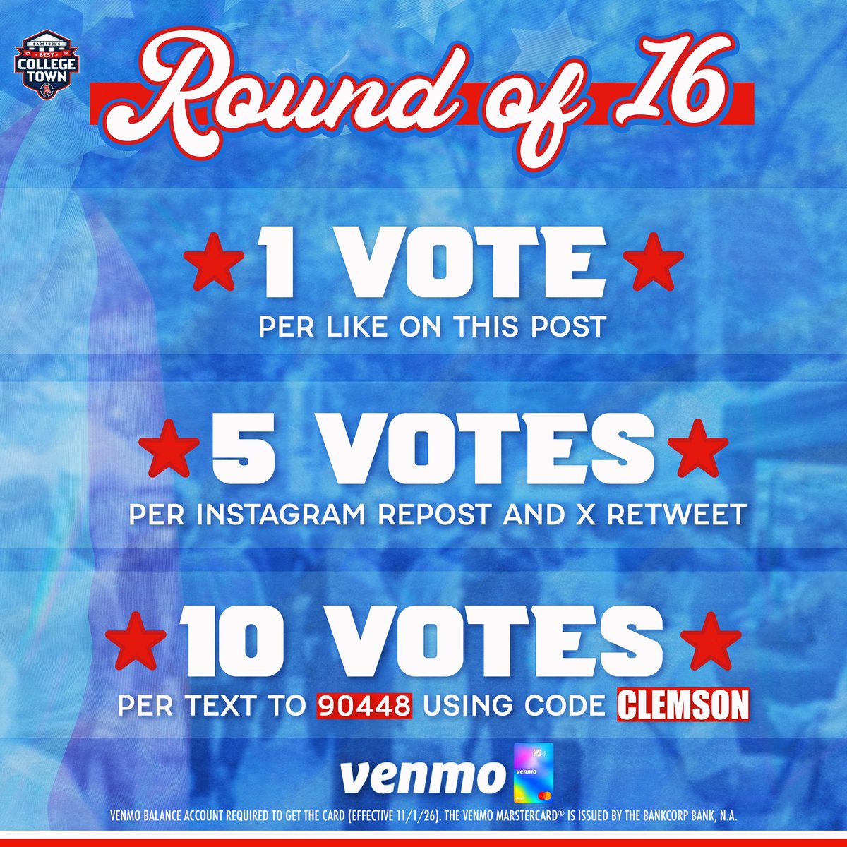 BarstoolClemson's tweet photo. 🚨CLEMSON NEEDS YOUR VOTE 🚨

#ClemsonBCT

Barstool Best College Town Round of 16 is officially LIVE!

⏰ Voting closes Wednesday  at 11:59 PM ET

Presented by @Venmo https://t.co/EHKQ8YO5EA