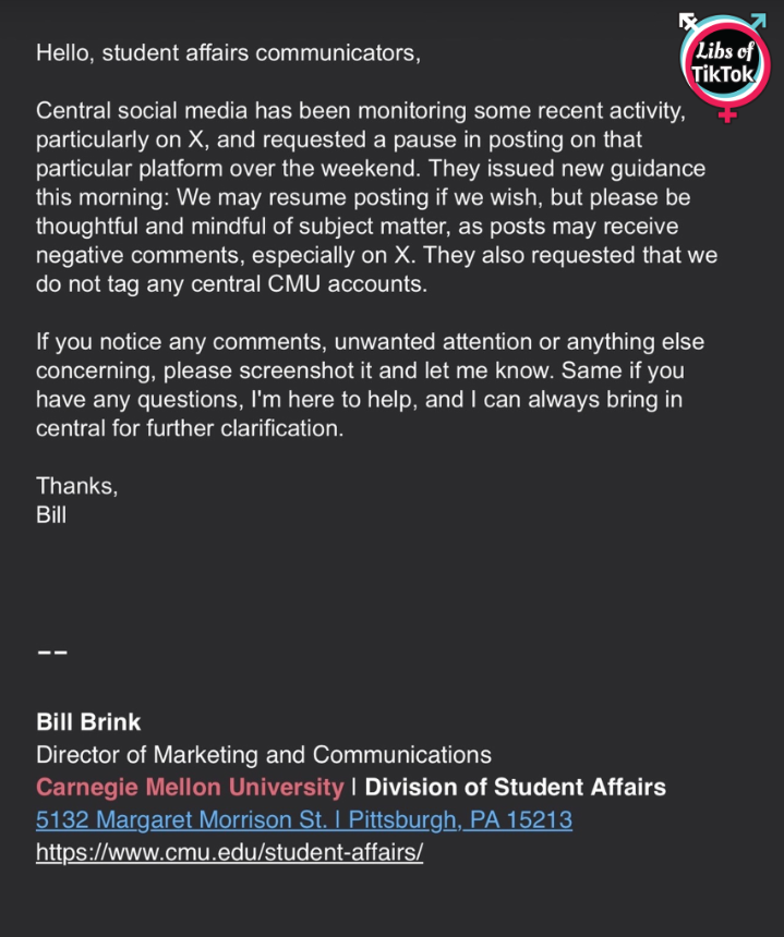 libsoftiktok's tweet photo. SCOOP: I’m told this email went out to @CarnegieMellon staff instructing them NOT to post or react to anything on social media after one of their professors promoted violence against a White man.

@CarnegieMellon is trying to hide from this! https://t.co/Vas1xVtilB
