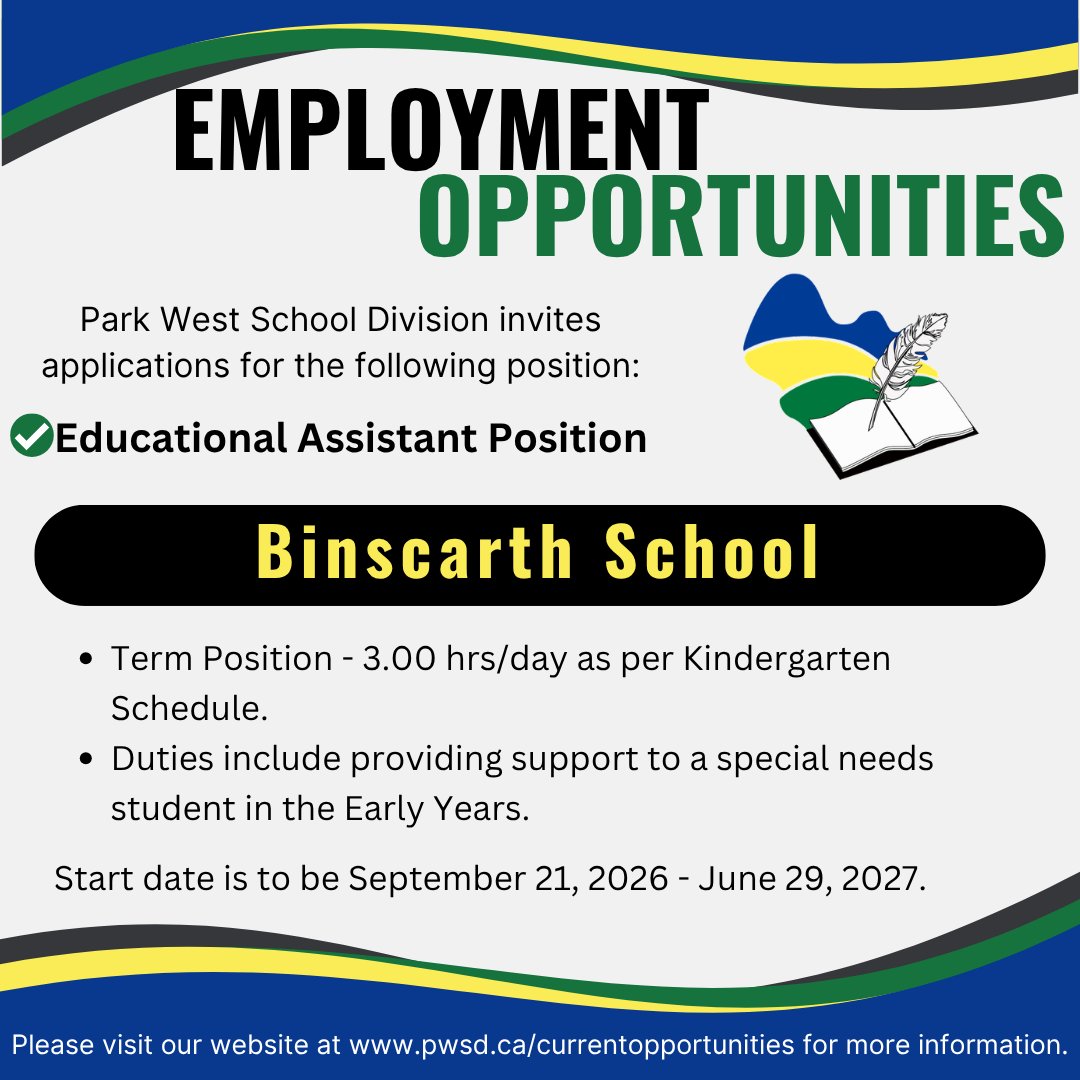 ParkWestSD's tweet photo. 🍎 There’s still time to join the Binscarth School team.

Binscarth School is looking for an Educational Assistant to support a student in the Early Years.

📅 Applications close tomorrow, September 16 at noon.

Could this be the opportunity for you?

🌐 https://t.co/hZlfhZ0rDk https://t.co/e2WtC4p5zg