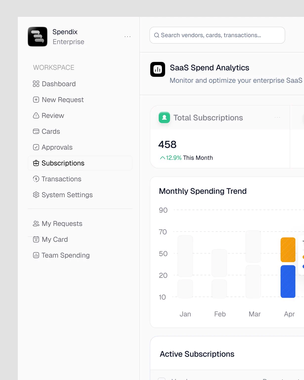 SaaS 지출 관리 대시보드 — 라이트 모드 클로즈업