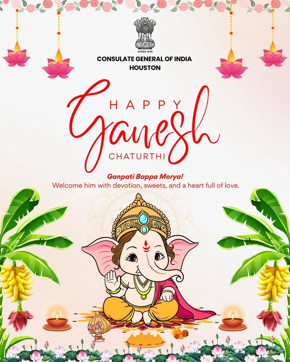 cgihou's tweet photo. Consulate General of India, Houston wishes everyone a joyous and blessed Ganesh Chaturthi. May Lord Ganesha bring happiness, prosperity, wisdom and peace to all.
Ganpati Bappa Morya!
#GaneshChaturthi #GanpatiBappaMorya #IndianCulture #IndiaInUSA #CGIHouston https://t.co/wZudHB8Zwh
