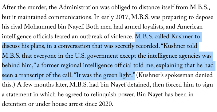 TVietor08's tweet photo. Blockbuster story here from Dexter Filkins at @NewYorker who says Jared Kushner signed off on MBS's intra-Saudi coup https://t.co/4Ru3ao0FO8