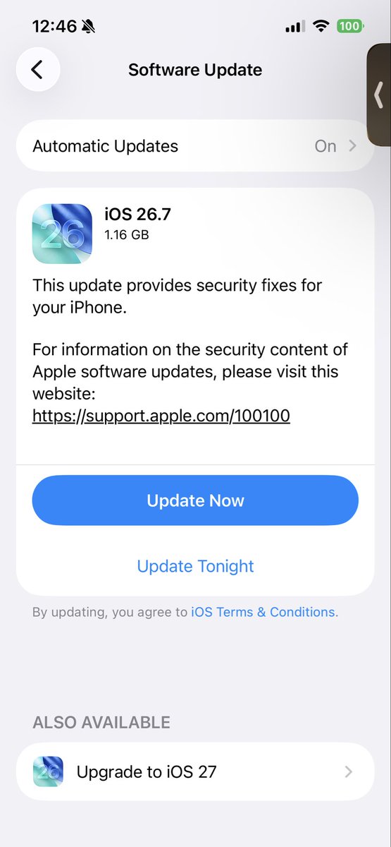 Sting666tx's tweet photo. @AppleSupport excuse me but are you going to fix this when we are trying to update new iOS 27 but there was the same iOS.26.7 alternative and with also available box? A lot of users are unhappy!! https://t.co/rGflCgCUTY