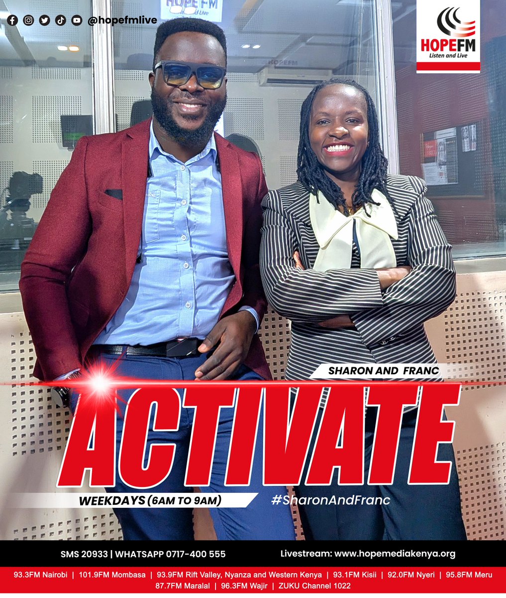 HopeFMLive's tweet photo. God’s mercy is new this Tuesday morning. Step out in faith; He is already making a way.

It’s #AllKenyanTuesday on #Activate with @sharon_Naitore and @Favoured_Franc.

Where in the world are you locked in from?

#SharonAndFranc #ListenAndLive https://t.co/AOG1rwQNwG