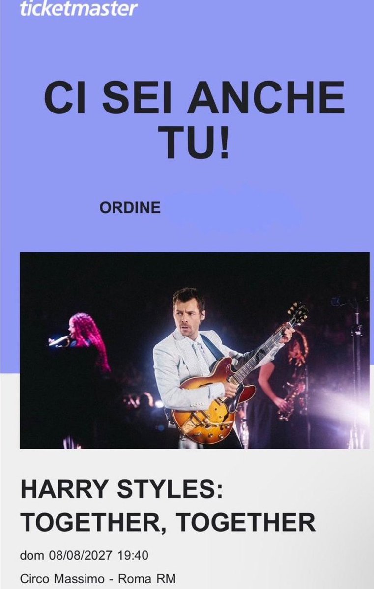 AGticketsR29's tweet photo. Hello, I have Harry Styles tickets at Circo Massimo, Rome for sale. Got 3 together if anyone is interested Please write to me or comment or if interested 
#harrystyles #ticket #togethertogether https://t.co/ZgTBjrkTds