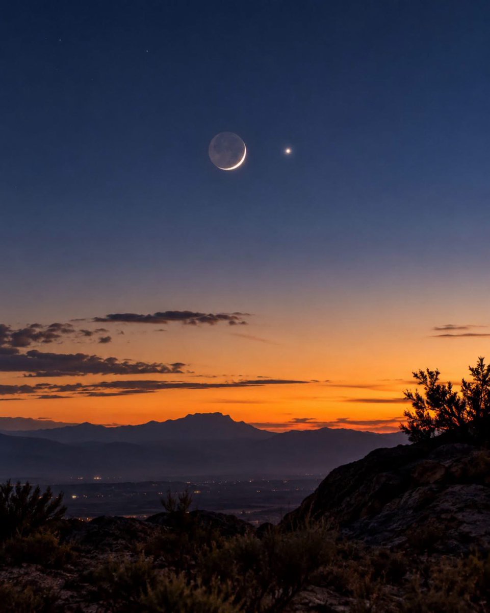 forallcurious's tweet photo. This evening, a thin crescent Moon appeared close to brilliant Venus in the western sky.

The bright planet and young Moon create a beautiful conjunction, with Venus shining through the fading twilight.

A delicate meeting between two worlds. https://t.co/FWrS9ZBQBw