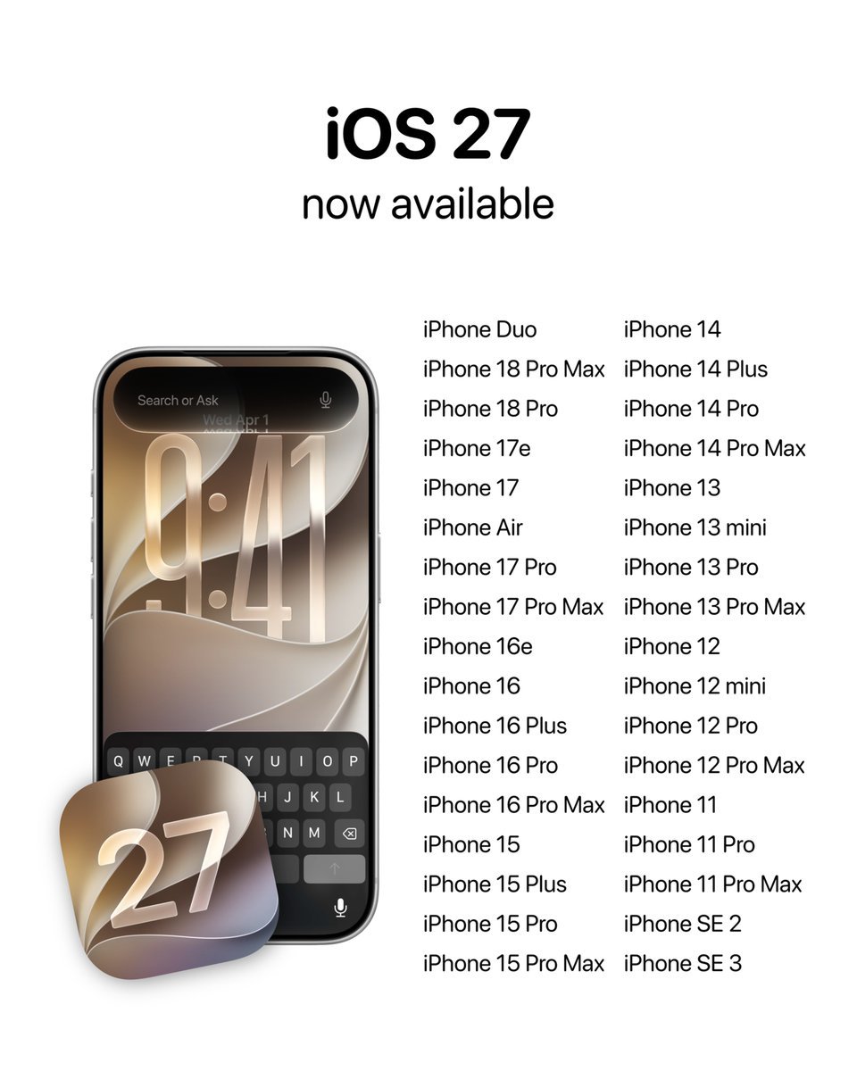 AraJilavg's tweet photo. 🚨📱 Apple has officially released iOS 27!

Here are the supported iPhone models getting the latest update. 🍎🔥

Is your iPhone on the list? 👀👇

#iOS27 #Apple #iPhone #iOSUpdate #AppleEvent https://t.co/sK976a0QIn
