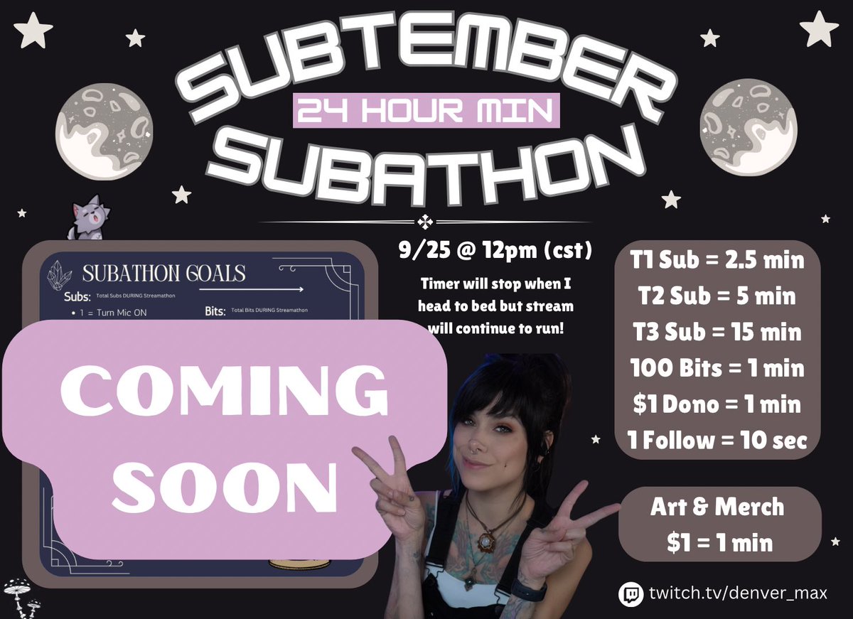 denver_maxx_'s tweet photo. Our YEARLY Subtember subathon is almost upon us!!! Starting Friday September 25 and NOON (CST) 

Also help me hit the plus points goal to get a higher cut on Twitch for the next year!! https://t.co/oDtKlr0rGy