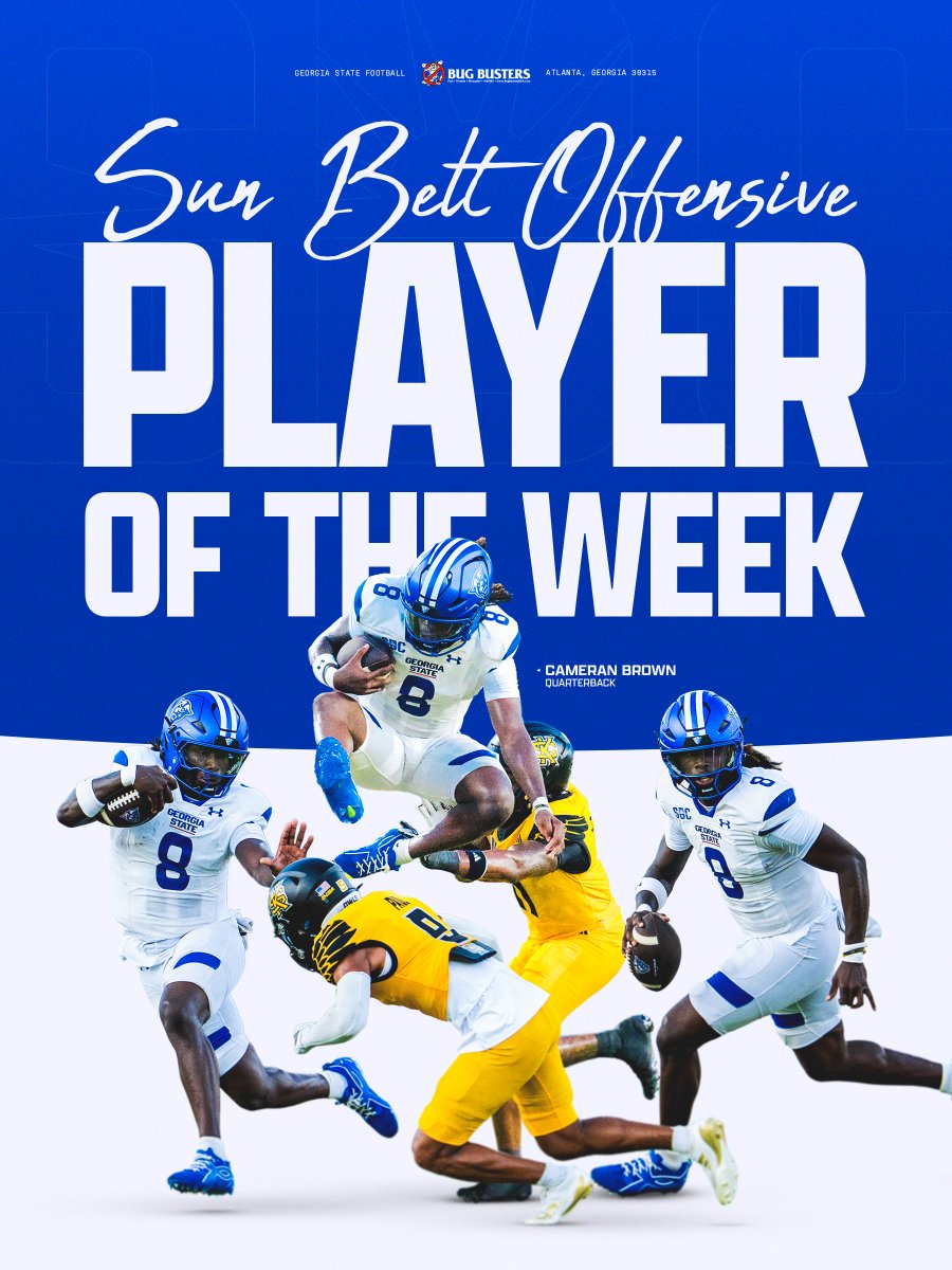 GeorgiaStateFB's tweet photo. Sun Belt Offensive Player of the Week 🏈

Quarterback Cam Brown carried the Panthers with 315 yards and a touchdown to lead Georgia State to a 31-17 win over CUSA Champions Kennesaw State

#LightItBlue | #HistoryHappensHere https://t.co/lVbTrFqJLN