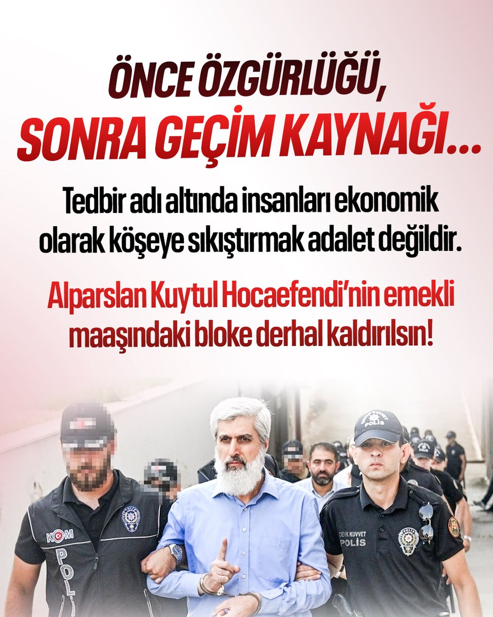 hocamzn_sesi's tweet photo. ÖNCE ÖZGÜRLÜĞÜ,
SONRA GEÇİM KAYNAĞI…

Tedbir adı altında insanları ekonomik olarak köşeye sıkıştırmak adalet değildir.

Alparslan Kuytul Hocaefendi’nin emekli maaşındaki bloke derhal kaldırılsın!

AlparslanHoca MaaşınaBloke
EmekliMaaşına BlokeZulmü
#FurkanaSistematikZulüm https://t.co/DNtf1FluSg