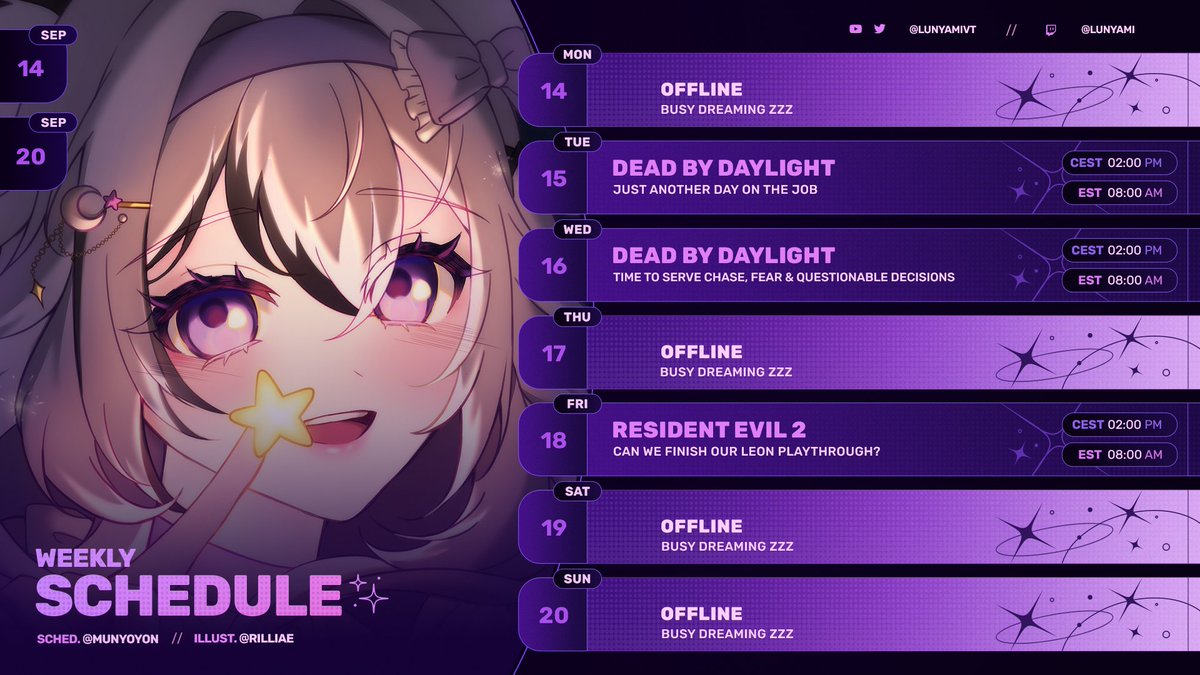 LunyamiVT's tweet photo. ₊˚✧ Schedule for September 14th to 20th ✧˚₊‧

This week will be a little chill but I hope to finish Resident Evil 2 (at least Leons playthrough) &amp; play again some 2vs8! (๑ᵔ⤙ᵔ๑)⸝♡

All times in CEST, see you there! 🌙 
▶️ https://t.co/58wcpKj1fq https://t.co/BG1Y2h86g2