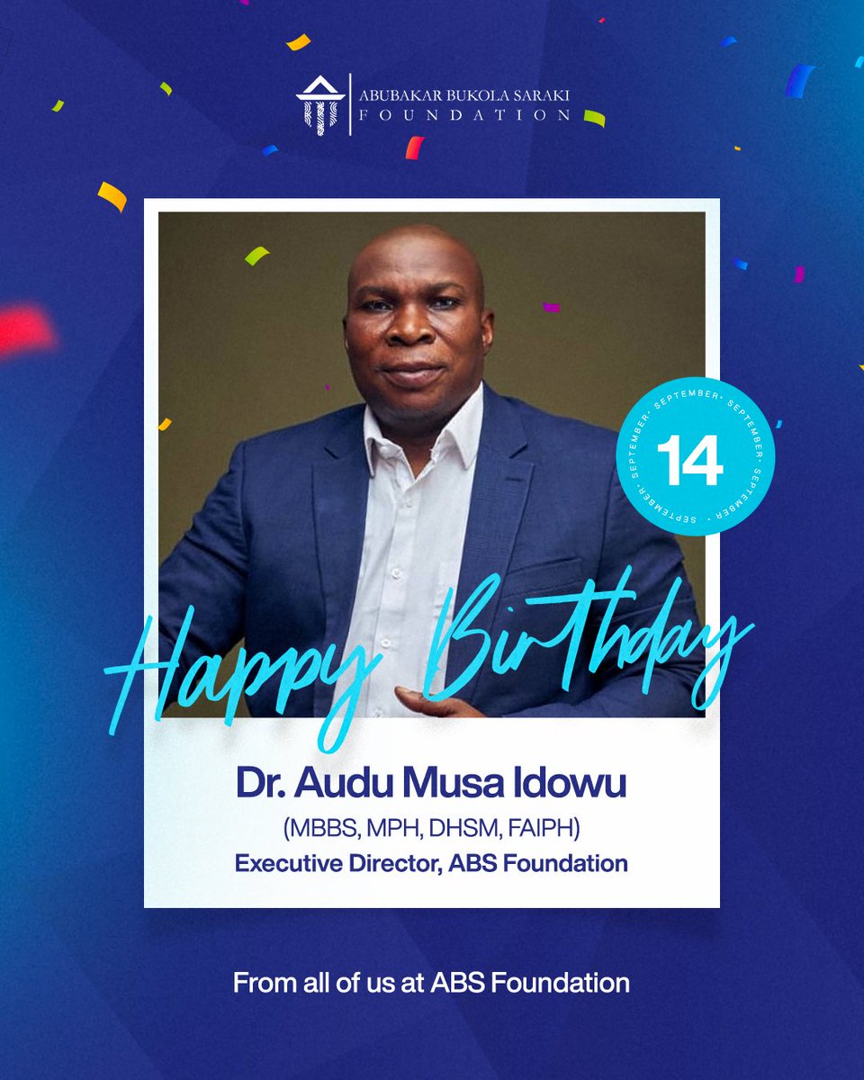 absfoundationng's tweet photo. We wish to heartily felicitate with Dr Audu Musa Idowu, Executive Director, ABS Foundation on the joyful occasion of his Birthday. 

We are Incredibly grateful for his leadership and direction in ensuring that the goals of the foundation are constantly reached.

We wish him a long and fulfilling life and prosperity. 

Happy Birthday Dr. Audu 🎉 
From all of us at ABS Foundation
