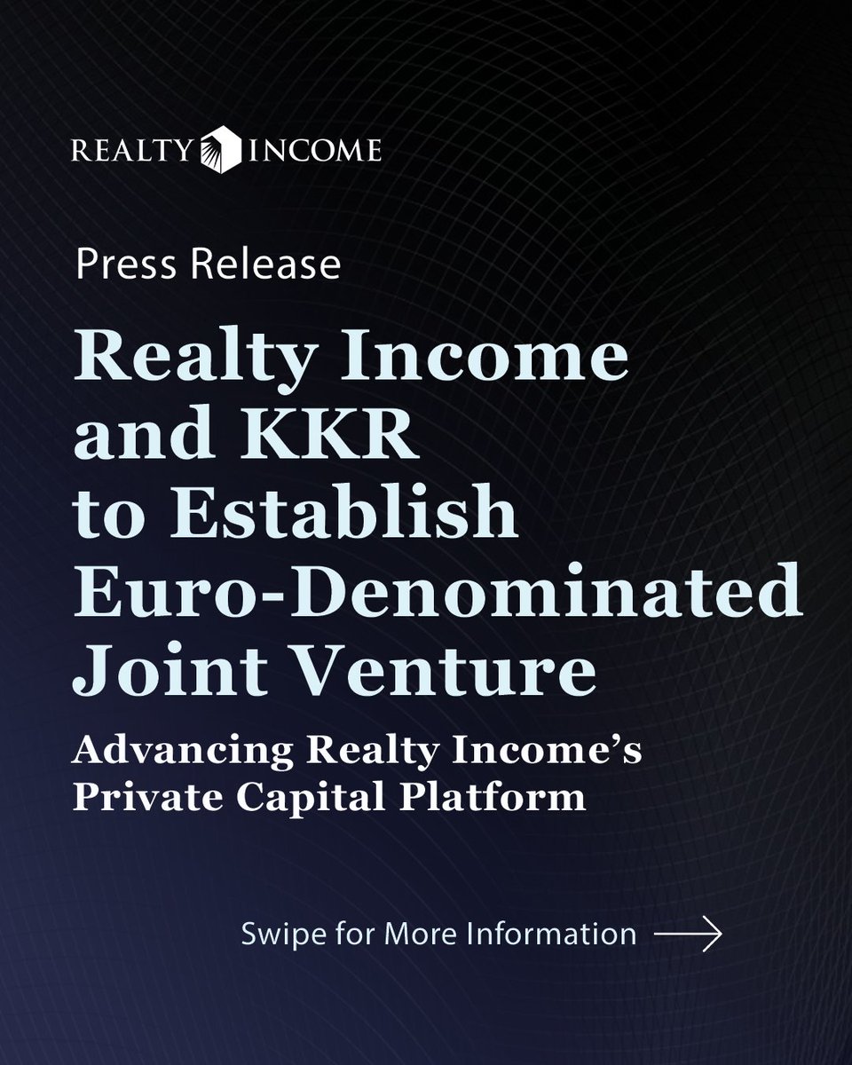 RealtyIncome's tweet photo. Today, Realty Income announced a strategic partnership with @KKR_Co to establish a new euro-denominated joint venture, extending our private capital platform in Europe. 

View the press release: https://t.co/ABOsKtcaWX https://t.co/iFH1EzMafC