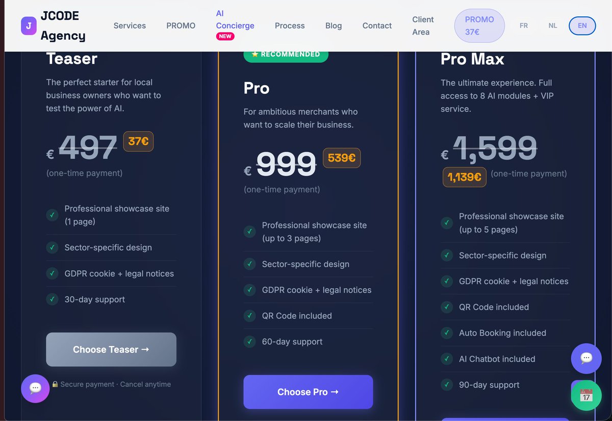 JCODE_Agency's tweet photo. Company website + AI from €1,139 (Pro Max with auto-booking + AI chatbot) instead of €1,599 with PROMO460. The real cost? Inaction. A website that doesn't exist = customers who can't find you. Teaser from €37 to test. The rest? Within days you'll realize it's costing you €497 https://t.co/6LgvYFcQCJ