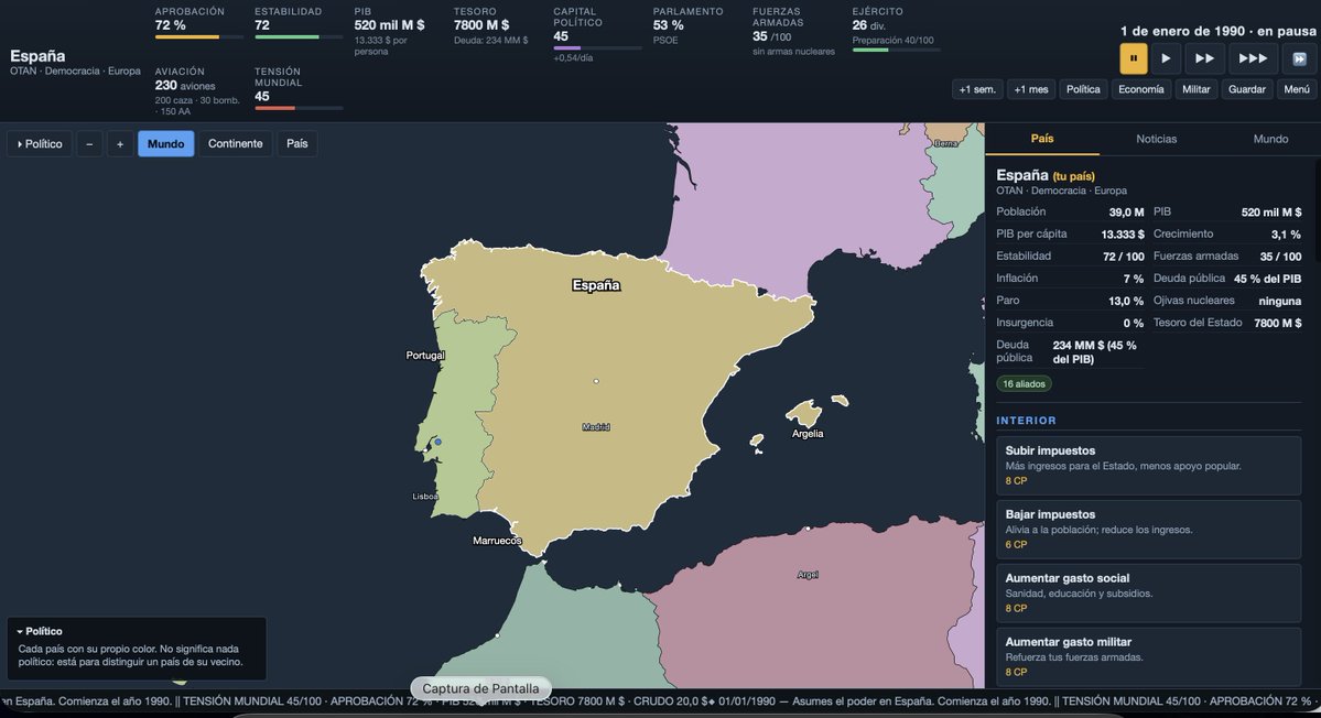 TheMarketsDesk's tweet photo. 1 de enero de 1990. Asumes el poder en España.Aprobación al 72%. El PSOE controla el Parlamento. Marruecos y Argelia al lado. Cero ojivas. La tensión mundial en 45.Ahora decide: ¿impuestos, gasto social o ejército?#indiedev #PoliticalSim https://t.co/xtMmFjC7Q8