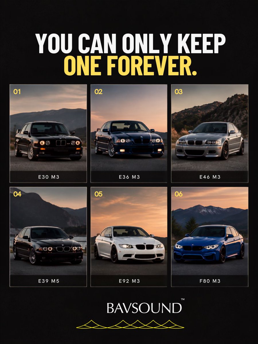 bavsound's tweet photo. Some BMWs are easy to admire. Others are impossible to let go of.

You can only keep one forever. Which one are you taking? 👀

E30 M3. E36 M3. E46 M3. E39 M5. E92 M3. F80 M3.

#Bavsound #BMW #BMWM #BMWM3 #BMWEnthusiast #BMWFans #CarEnthusiast #BMWLife #BMWCommunity https://t.co/3bPyESXZEy