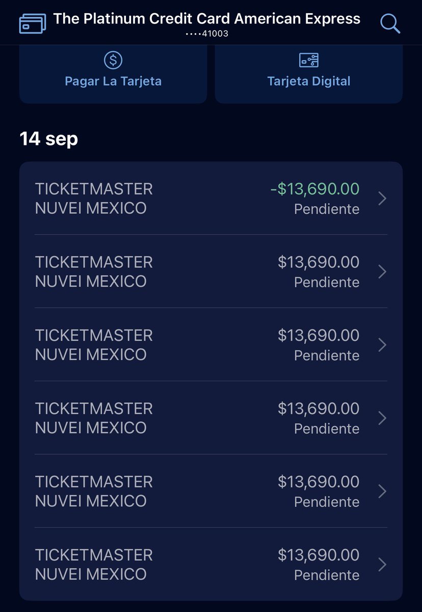 Edgar_Rdz43's tweet photo. @Kurt89Wallach @NFL @Ticketmaster_Me @AmexBusiness @Profeco @AtencionProfeco Me pasó exactamente lo mismo, muy confiado trámite mi Amex para poder ver el juego y 5 veces lo intente, me hicieron el cargo pero no procesó la compra @Ticketmaster_Me @Profeco https://t.co/2xrluIDpoj