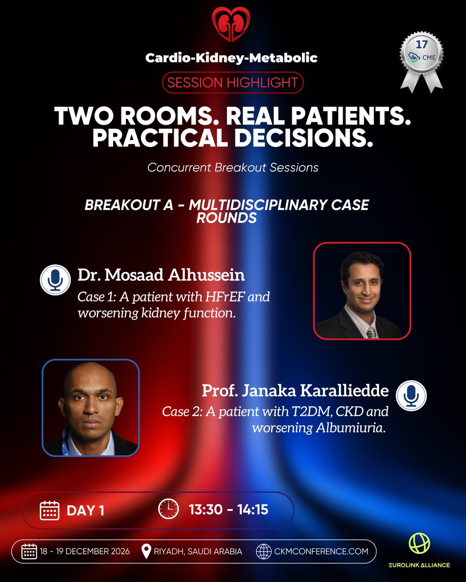 ckmconference's tweet photo. 1st CKM Conference | Two Breakout Rooms. Real Patients. Practical Decisions.

What would you do when the patient in front of you has heart failure and worsening kidney function? Or when a patient with T2DM and CKD presents with worsening albuminuria? And when several therapies can offer cardiovascular, kidney and metabolic benefits, how do you decide what to optimise — and when? At the 1st CKM Conference, these are not simply questions for a lecture hall. Our concurrent breakout sessions are designed around the complexity of the patients we see every day, with real clinical cases and practical medication optimisation across SGLT2i, GLP-1 RA, RAASi, ns-MRA and statins. This is where Cardiology, Nephrology and Endocrinology come together around the same patient — and where evidence meets the decisions that matter in practice.

On Day 1, Dr. Mosaad Alhussein and Prof. Janaka Karalliedde will lead Multidisciplinary Case Rounds, exploring two challenging CKM cases, while Dr. Ismail Raslan and Dr. Bashayr Alsuwayni will lead a Practical Workshop on Medication Optimization. Two rooms, two different learning experiences, and one shared goal: better decisions for patients with interconnected cardiovascular, kidney and metabolic disease. If these are the patients you manage, you will want to be part of these discussions. Our special September registration rate of SAR 120 is coming to an end soon, with the regular registration fee following — so now is the time to secure your place in Riyadh.

📍 18–19 December 2026 | Voco Riyadh Hotel, Riyadh
🎓 17 CME Hours
🇸🇦 September Special Rate: SAR 120 — ending soon
🔗 https://t.co/6Xl11xYAOY

#CKMConference #CardioKidneyMetabolic #Cardiology #Nephrology #Endocrinology #Diabetes #HeartFailure #CKD #SGLT2Inhibitors #GLP1 #MedicationOptimization #MedicalEducation #MultidisciplinaryCare #HealthcareSaudi #SaudiArabia #EurolinkAllianceEvents