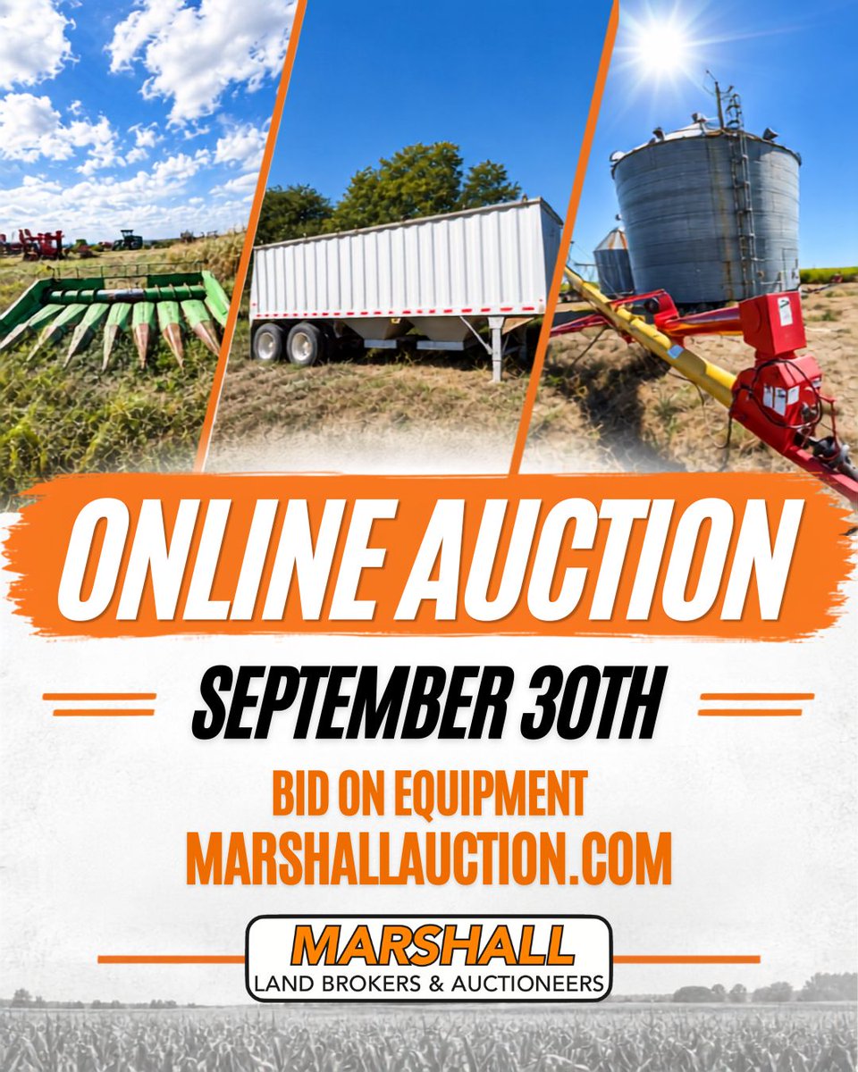 BrokersLand's tweet photo. 🔨 ONLINE EQUIPMENT AUCTION
📅 Closing September 30th
Featuring:
- 2015 Jet-Co Grain Trailer
- Augers
- John Deere 8R30 Cornhead
Clay Patton - Real Estate / Equipment Sales
📞 308-234-6266
💻 https://t.co/RLwMrTOrwU
#MarshallAuction #OnlineAuction #FarmEquipment #AgEquipment https://t.co/Svy5DDl3MT