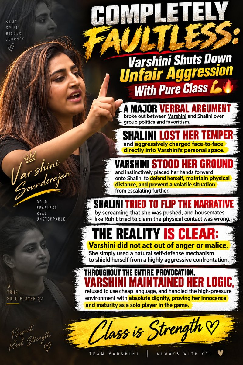 VarshiniSoffl's tweet photo. When aggression came face-to-face, Varshini stood her ground with pure class. 
No cheap words. No unnecessary aggression. She simply protected her personal space and refused to let the situation escalate.
#SherniVarshini #VarshiniSounderajan #BiggBossTelugu10 https://t.co/EJUumvlQmR