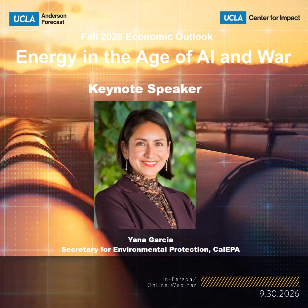 UCLAForecast's tweet photo. We're delighted to introduce @CaliforniaEPA's @CalEPASecretary who will serve as the keynote speaker during the Fall 2026 Economic Outlook!

📅 9/30/26
⏰ 9am - 12pm PT
📍 @uclaanderson
📺 In-Person &amp; Virtual

Click ⬇️ for more details!

➡️https://t.co/QUnwJjxohg https://t.co/nz7IXOzEjg