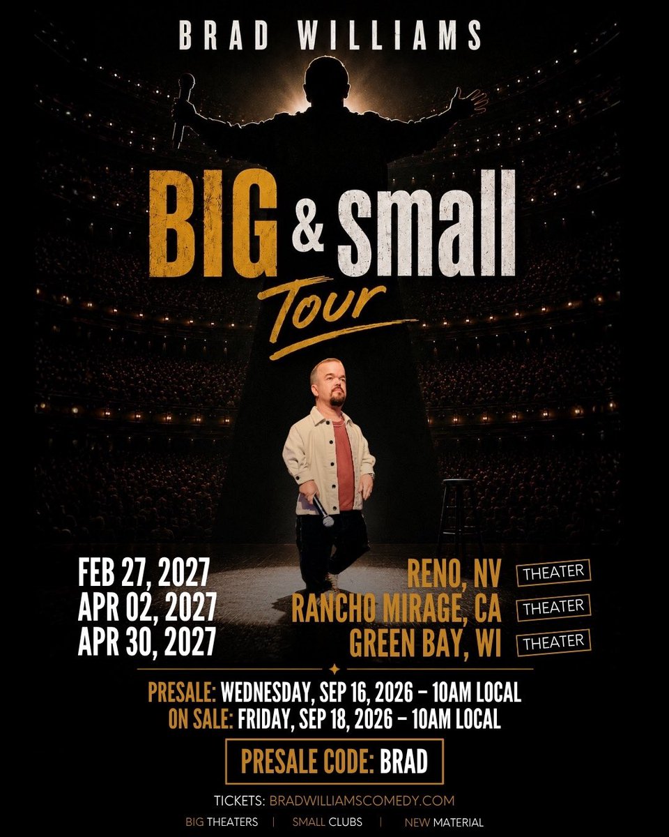 funnybrad's tweet photo. New cities. New material. Same me. Reno, Rancho Mirage CA, &amp; Green Bay let's do this! Presale starts Wednesday with code BRAD.
2/27/27 Grand Sierra Resort - Reno, NV
4/2/27 Agua Caliente Casino - Rancho Mirage, CA
4/30/27 EPIC Event Center - Green Bay, WI https://t.co/qUKNBDR8n8