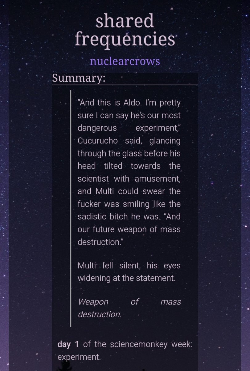 radiocultist's tweet photo. happy first day of the #sciencemonkeyweek from me with this experiment fic 🥳 it will be split in 2 parts and the 2nd one will be posted on the fed au day! hope you enjoy it and read tags before <3 #sciencemonkey
https://t.co/OtWM6KxSo6 https://t.co/AVeG4ExfPz