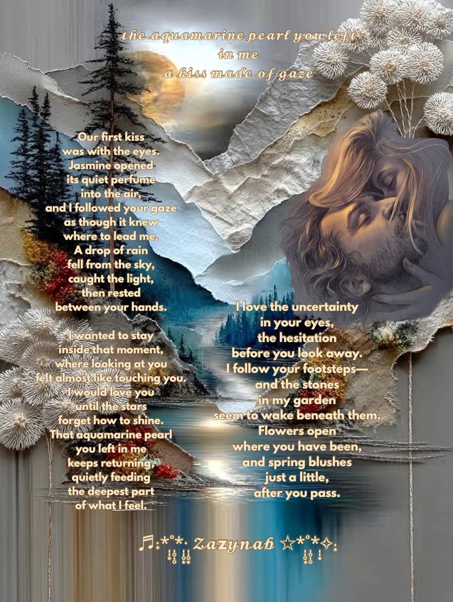 Zaynab71990's tweet photo. ❣️the aquamarine pearl
you left in me
a kiss made of gaze
Our first kiss
was with the eyes.
Jasmine opened
its quiet perfume
into the air,
and I followed your gaze
as though it knew
where to lead me.
A drop of rain
fell from the sky,
#spring_blushes
#wildverse #naturepoetry https://t.co/ANC0Pa6Lpa