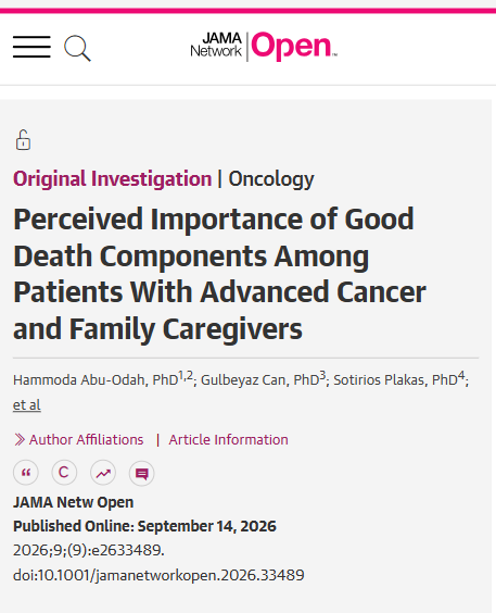JAMANetworkOpen's tweet photo. 📊 Perceived good death priorities differed across settings, while patient-caregiver differences were generally small, supporting culturally sensitive #PalliativeCare that reflects both shared and setting-specific end-of-life values.

https://t.co/9yBY38q0Bi https://t.co/PtKnPyTXrm