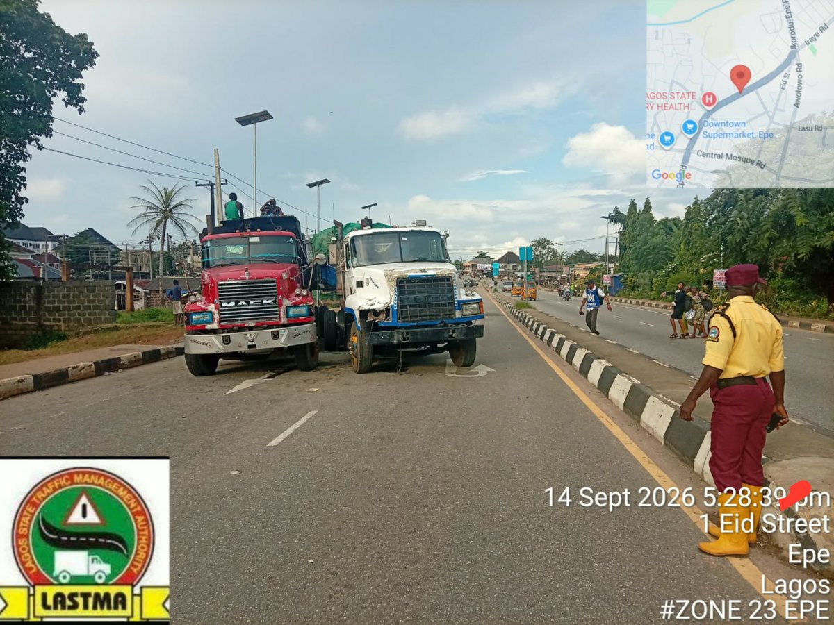 followlastma's tweet photo. [6:45PM] #Epe #IncidentReport 

An accident occurred at Epe Praying Ground inward Ita-Opo between a MACK truck and a V.I.S patrol van due to brake failure. LASTMA officers are on ground ensuring free flow of traffic, one lane is temporarily blocked, no casualty, while recovery is still ongoing.

#FollowLASTMA 

@followlasg 
@lagosMOT1 
@seunosiyemi_ 
@Sola_Giwa 
@OlalekanOki 
@Mr_JAGs
