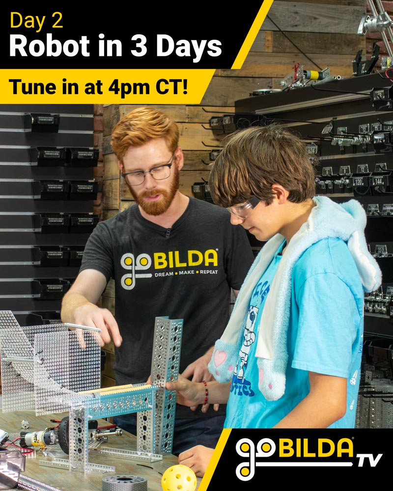 goBILDA's tweet photo. It is Day 2 of Ri3D! Don't miss the action, streaming live on the goBILDA­® YouTube channel starting at 4 PM CT today! https://t.co/BgkIvYVzpY