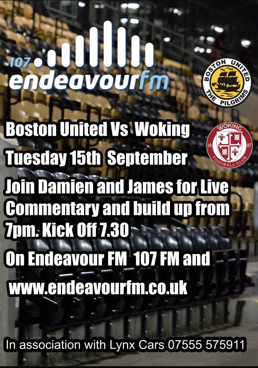 Damien2009's tweet photo. Join myself and @Jamesboyall55 for live commentary of  @bostonunited v  @wokingfc live from Jakemans Community Stadium on @endeavourfm Listen on FM 107 or https://t.co/jkPo2rhIB6 or why not download the new App.  Type in Endeavourfm on your device and listen live from 7pm Tuesday https://t.co/YDO5CAqhrI