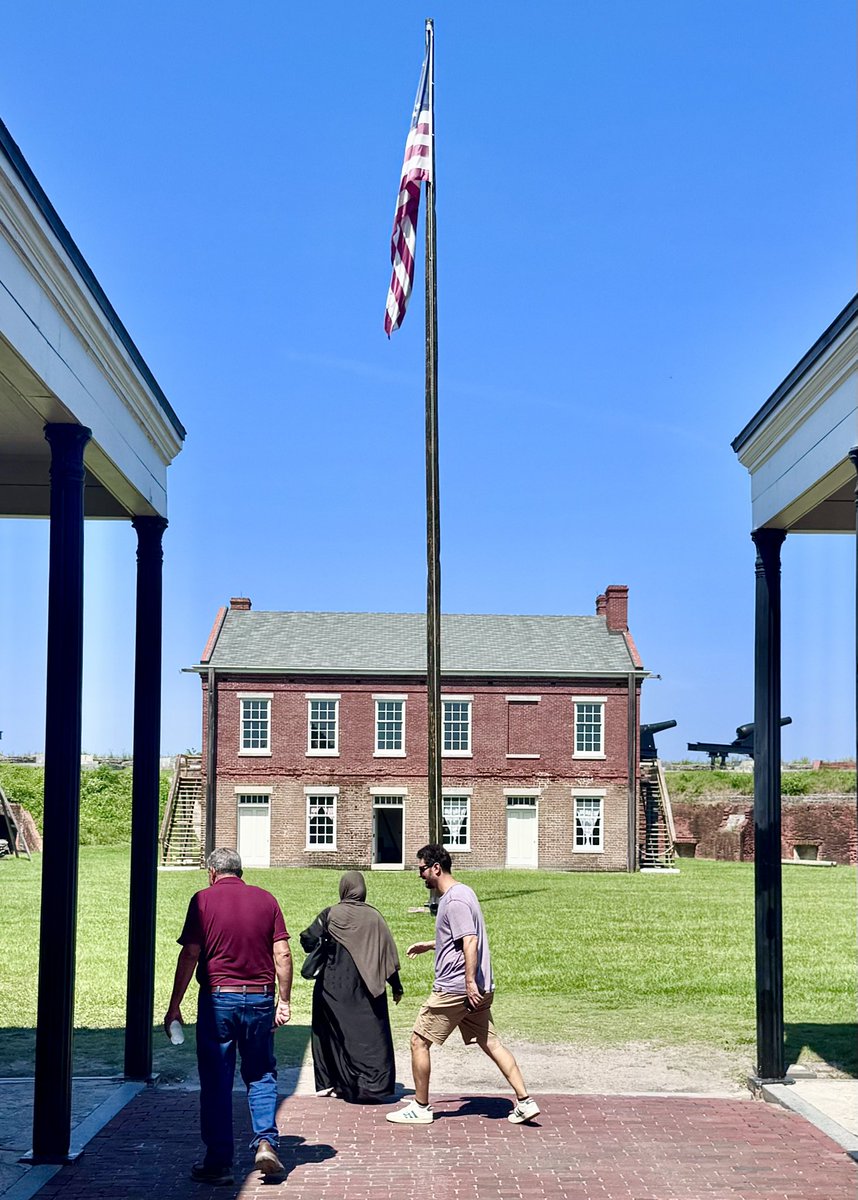 VikingPrinc3ss's tweet photo. Touring Fort Clinch in Florida, it’s 105 degrees real feel. The woman is covered in black head to toe, following Sharia law, with two men. What’s wrong with this picture? https://t.co/5SOV0Qdmuv