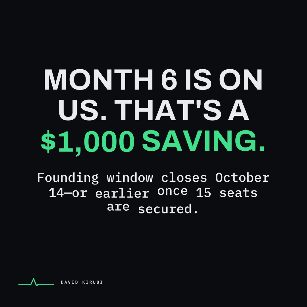 KirubiD's tweet photo. In the Continuity Corps founding cycle, prepay and Month 6 is on us—a $1,000 saving.

Applications close October 14—or earlier once 15 seats are secured.

https://t.co/6NmWvd0cYE

#EntrepreneurshipThroughAcquisition #QualifiedCapacity #ContinuityCorps https://t.co/VldwTSaLG0