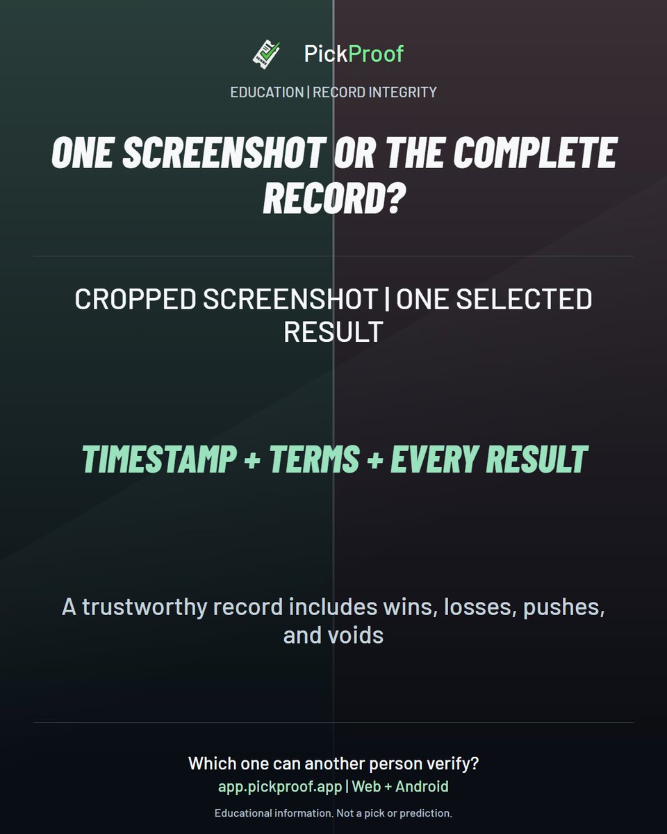PickProofApp's tweet photo. Still posting cropped screenshots? One screenshot does not show the complete history.
What would make a public record easier for you to trust?
Put your next pick on the record:
Web:
https://t.co/Lhy66htXoG
Android:
https://t.co/KxSk6wSc3j
#PickTracking https://t.co/PtRZ8GtPfB