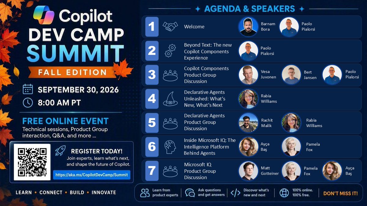 Microsoft365Dev's tweet photo. ππ The #CopilotDevCamp Summit Fall Edition is coming on Sept 30, 8 AM PT!
β
Agenda is live
β
Speakers announced
β
Product Group discussions
ποΈ Register: https://t.co/vGb49l5qJS
#AI #Agents #Developers #CopilotDevCamp #Makers #TechCommunity #Microsoft365Copilot https://t.co/WVmq0X603o