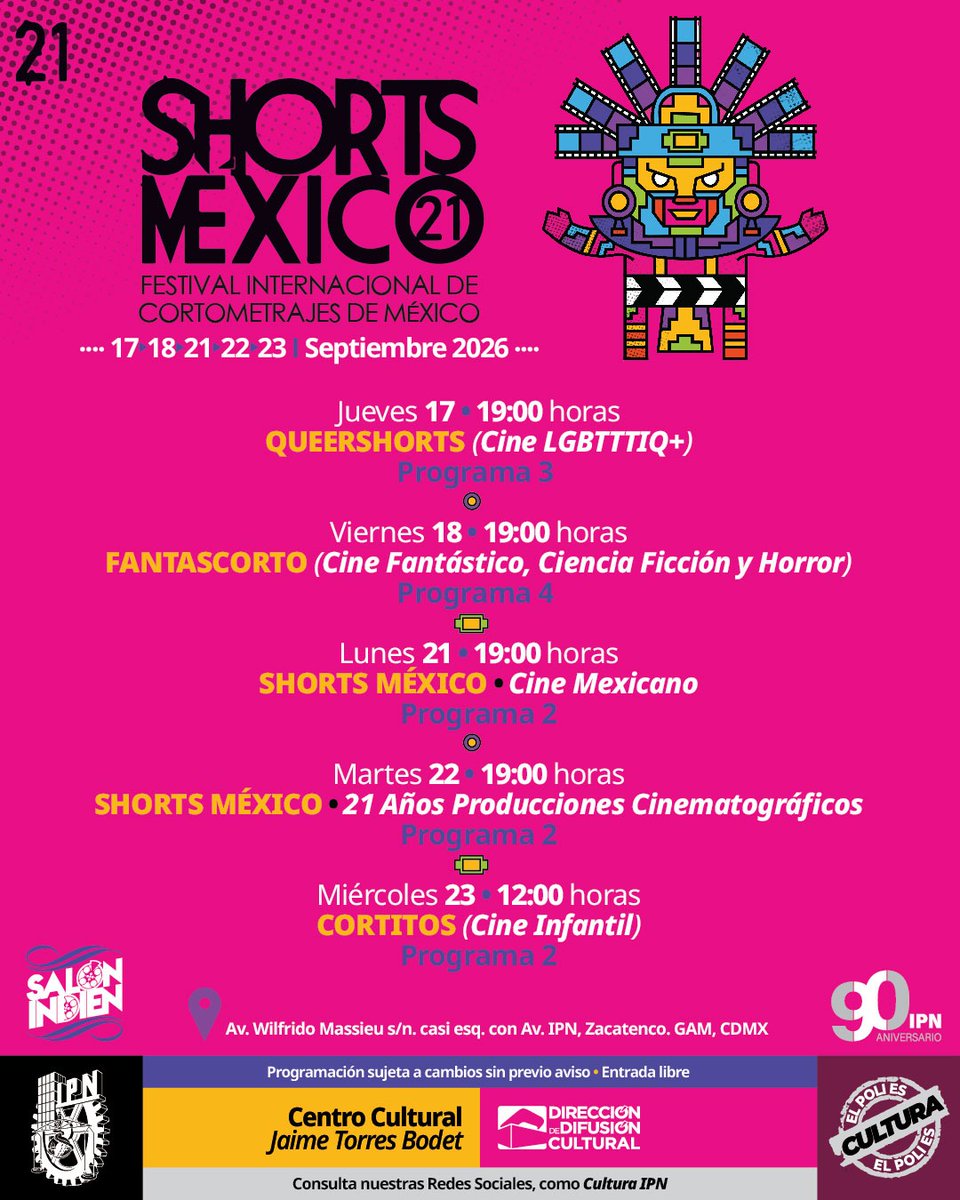 IPN_MX's tweet photo. 🎬 ¿Amante del cine? ¡Este plan es para ti! 👇
Llega al #Queso #ShortsMexico21, el festival de cortometrajes más importante del país. 
La selección abarca desde cine de horror y ciencia ficción, hasta producciones nacionales, temáticas LGBTTTIQ+ y funciones infantiles.

🎈🗓️ ¿Cuándo? Del 17 al 23 de septiembre de 2026.
📍 ¿Dónde?  Centro Cultural Jaime Torres Bodet, Zacatenco.

@IPN_Cultura