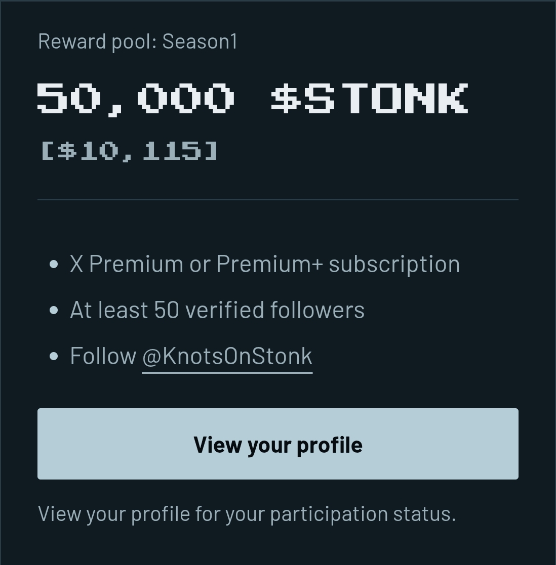 Johnson_X2's tweet photo. YAP solana:8RVBk8vxLiUHueLUW1f4izFVqN3nWippLhkohKg6EGkS EARN $STONK

✅Post about solana:8RVBk8vxLiUHueLUW1f4izFVqN3nWippLhkohKg6EGkS
✅Climb the leaderboard
✅Get paid in $STONK

🏆 **50,000 $STONK** prize pool
📅 Sep 14–21
⏰ Ends Sep 21 at 4PM UTC

Requirements:
✅X Premium Account 
✅Minimum of 50 followers
Follow @KnotsOnStonk 

If you’re already posting about solana:8RVBk8vxLiUHueLUW1f4izFVqN3nWippLhkohKg6EGkS you might as well get rewarded for it.

👉https://t.co/mY5aUyfxSl

Who’s climbing the leaderboard? 👀