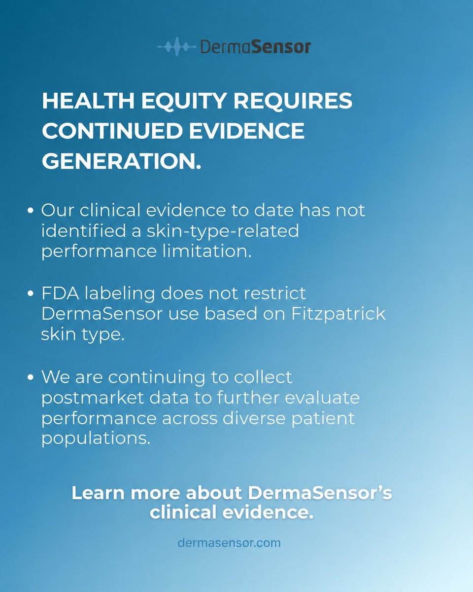 DermaSensor's tweet photo. Health equity matters in skin cancer detection. DermaSensor's AI analyzes 47 wavelengths per lesion. DERM-SUCCESS study: 95.5% sensitivity overall, 96.5% in Fitzpatrick I-III, 92.2% in IV-VI. Innovation + evidence = equitable care. Link in bio.
#DermaSensor #HealthEquity https://t.co/fsyE7zM6D3
