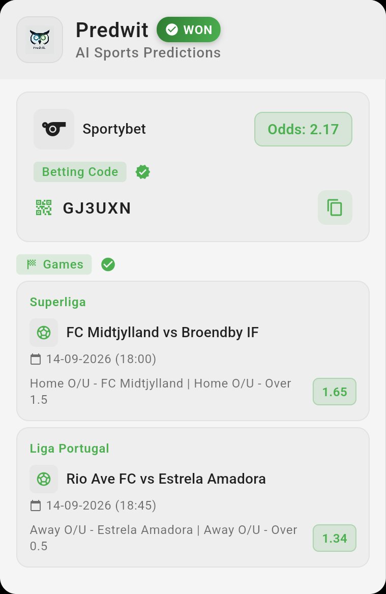 predwit's tweet photo. 🏆 BOOM! Sportybet code WON @ 2.17 odds! ✅🔥
🎯 Code: GJ3UXN
⚽ FC Midtjylland vs Broendby IF
⚽ Rio Ave FC vs Estrela Amadora

Get winning codes on Predwit 👇
https://t.co/Czt1cB80WA
#Predwit #BetCode https://t.co/l00FUjkict
