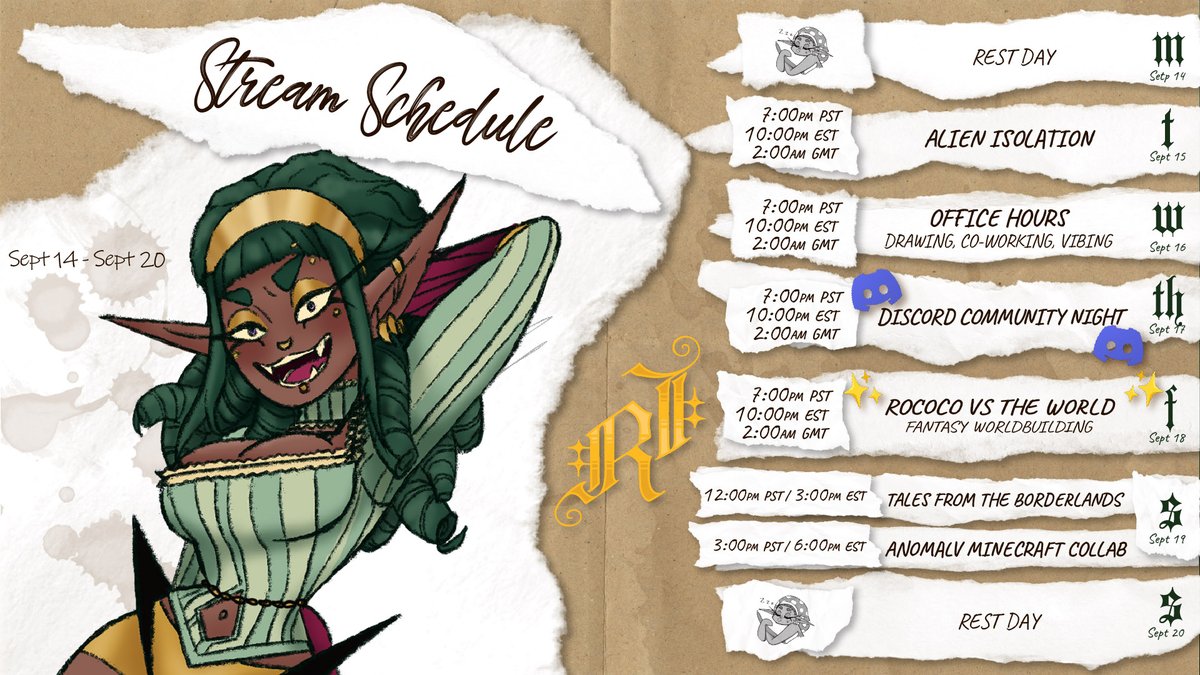 RococoLocoVT's tweet photo. ✨STREAM SCHEDULE SEP 14 - SEP 20✨   
Alright faes, you get more Alien Isolation cause you were really *nice* to me and I got a bunch new cool faes. Fuck you.

Anyway notable event of the week is the finally of Tales From The Borderlands followed by an AnomalV minecraft collab. https://t.co/3ktwTB6uk4