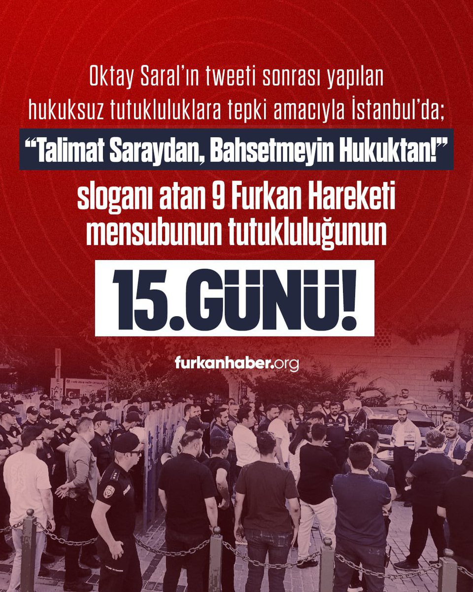 fhrktistanadolu's tweet photo. “Talimat Saraydan, Bahsetmeyin Hukuktan!” sloganıyla haksız tutuklamalara tepki gösterdikleri için tutuklanan 9 kardeşimizin tutukluluğunun 15. Günü!

AlparslanHoca MaaşınaBloke
#FurkanaSistematikZulüm
EmekliMaaşına BlokeZulmü https://t.co/ArCrDfrAeF