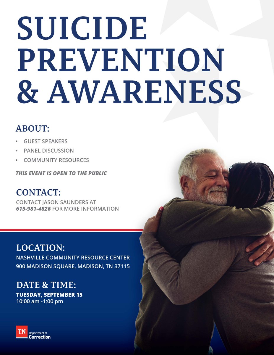 TNTDOC1's tweet photo. Join us for a Suicide Prevention &amp; Awareness event tomorrow, Sept. 15, from 10 a.m. to 1 p.m. at the Nashville Community Resource Center.
The event is open to the public and will feature guest speakers, a panel discussion, and community resources. #SuicidePreventionMonth https://t.co/TjLJCgqYUC