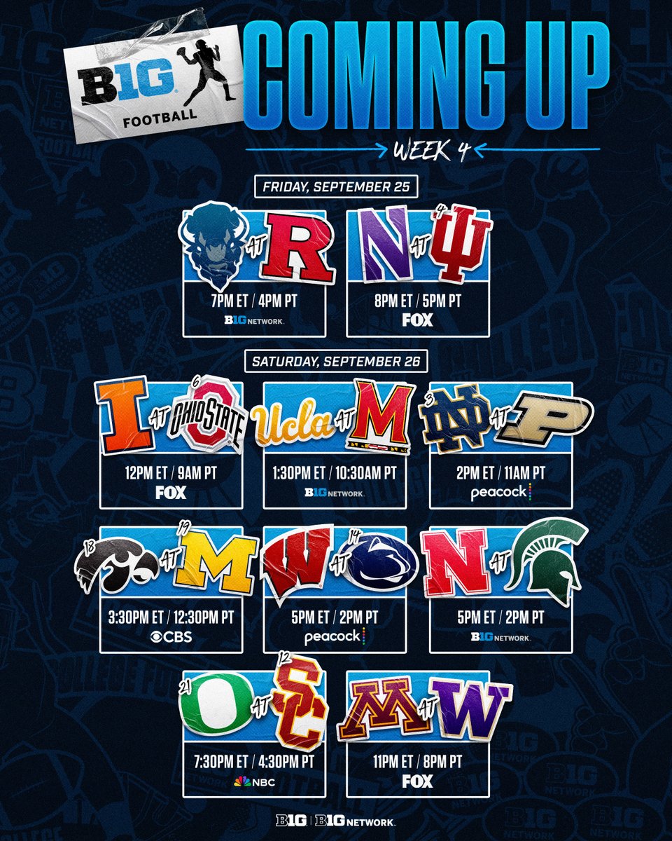 B1Gfootball's tweet photo. Week 4⃣ kick times and networks are set 👀 https://t.co/0YVGDXH1hO